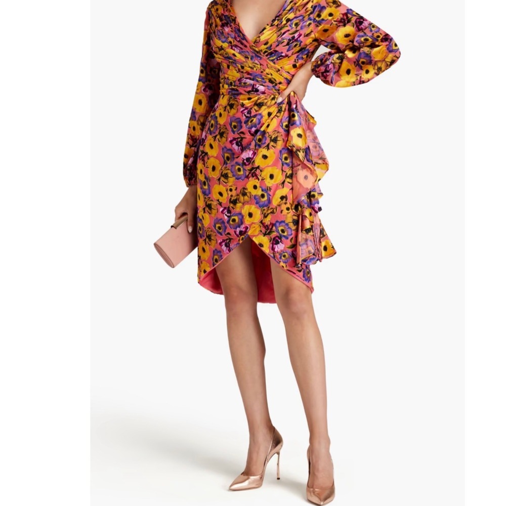 NWT Theia Couture‎ Monika Floral Ruffle Wrap Effect Dress Devore-Chiffon Size 10